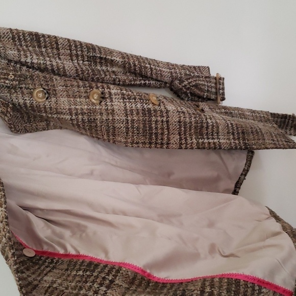 Betsey Johnson wool blend neutral boucle plaid midi double breasted coat w/ tie - Picture 9 of 12